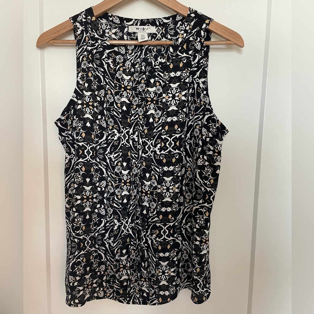 WHBM sleeveless blouse. Neutral floral design in black, grey, white, and tan.